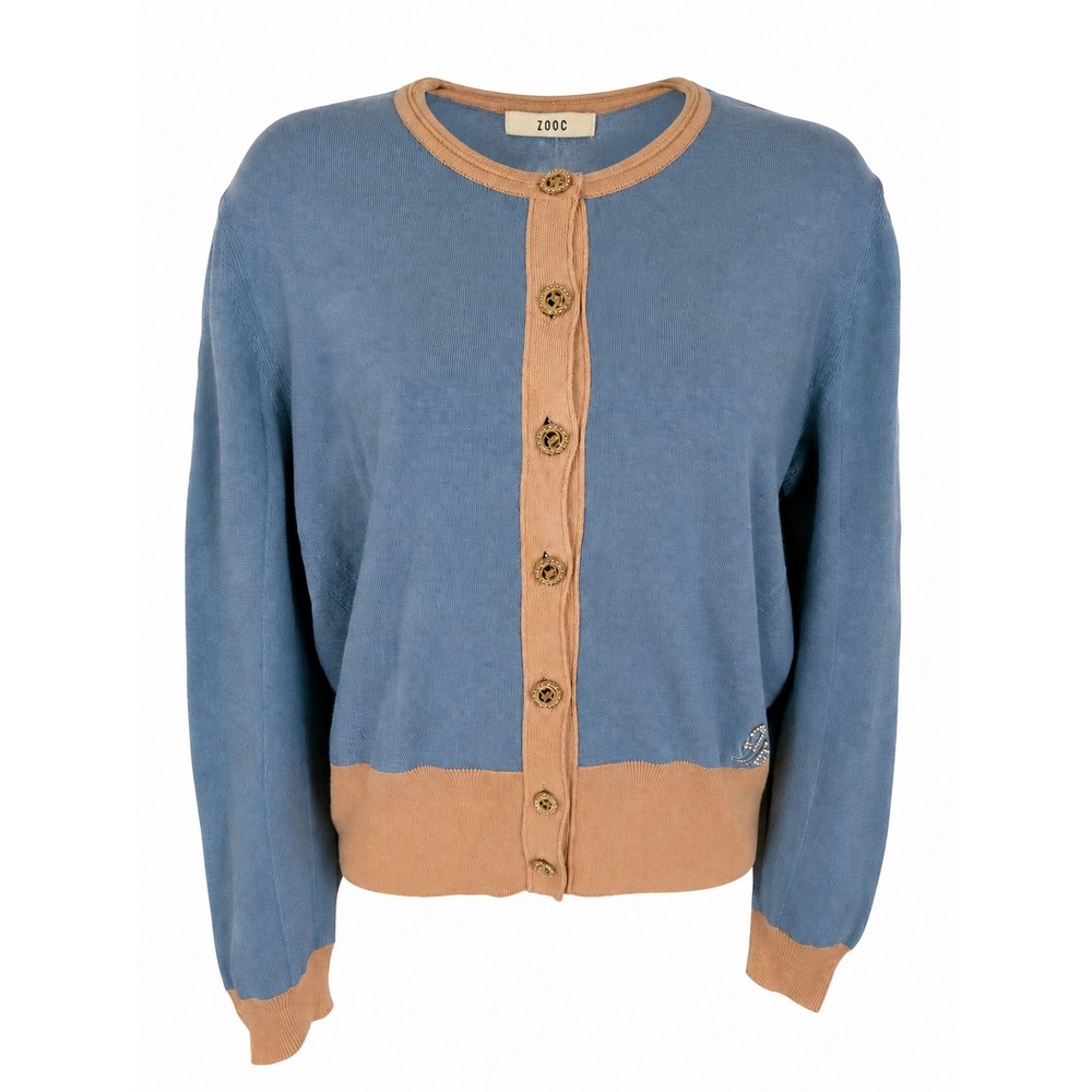 ZOOC Womens Blue Tan Button Front Cardigan Pearl Logo Knit Sweater Size S